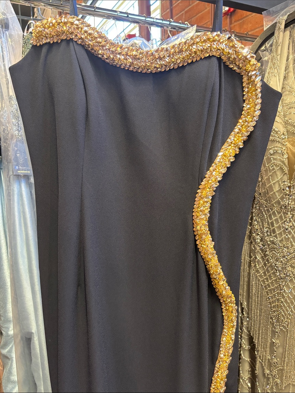 Terani Couture Navy Gold Evening Gown with Gold Crystal Trim